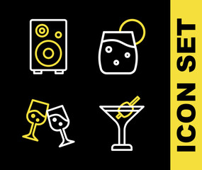 Set line Cocktail, Martini glass, Glass of champagne and Stereo speaker icon. Vector