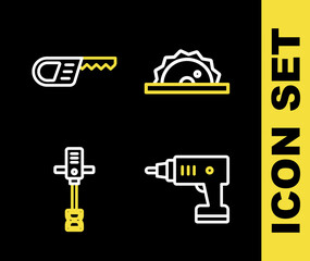 Set line Electric circular saw, cordless screwdriver, Electrical hand concrete mixer and Reciprocating icon. Vector