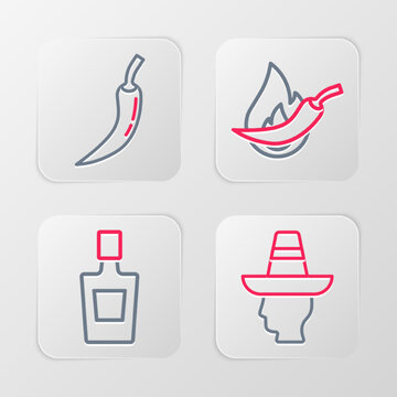 Set line Mexican man sombrero, Tequila bottle, Hot chili pepper pod and icon. Vector
