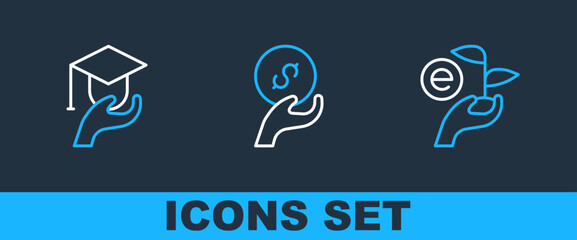 Set line Leaf in hand, Education grant and Donation charity icon. Vector