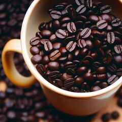 Cup full of delicious roasted coffee beans