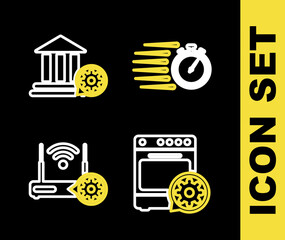 Set line Stopwatch, Oven setting, Router and wi-fi and Bank building icon. Vector