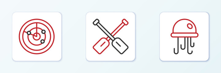 Set line Jellyfish, Radar with targets and Paddle icon. Vector