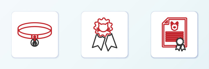 Set line Certificate for dog or cat, Collar with name tag and Cat award symbol icon. Vector