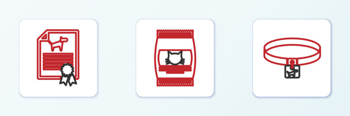 Set line Dog collar, Certificate for dog or cat and Bag of food icon. Vector