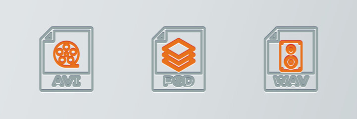 Set line WAV file document, AVI and PSD icon. Vector