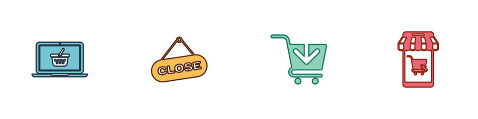 Fototapeta premium Set Shopping basket on laptop, Hanging sign with Close, Add cart and Mobile and shopping icon. Vector