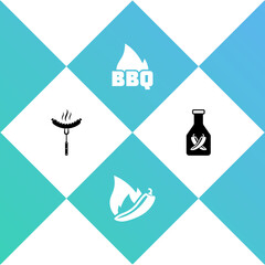 Set Sausage on the fork, Hot chili pepper pod, Barbecue fire flame and Ketchup bottle icon. Vector