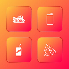 Set Taco with tortilla, Aluminum can, Soda drinking straw and Nachos icon. Vector