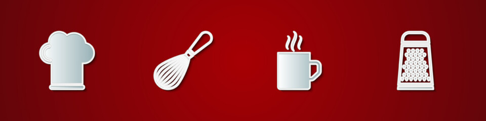 Set Chef hat, Kitchen whisk, Coffee cup and Grater icon. Vector