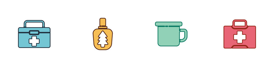 Obraz premium Set First aid kit, Canteen water bottle, Camping metal mug and icon. Vector