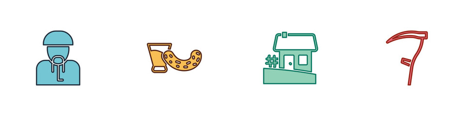 Set Ukrainian cossack, Glass with vodka, house and Scythe icon. Vector