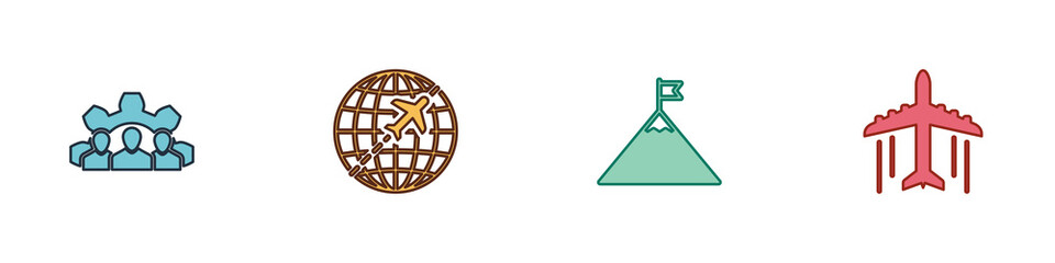 Set Project team base, Globe with flying plane, Mountains and flag and Plane icon. Vector