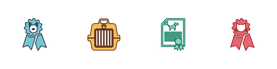 Set Dog award symbol, Pet carry case, Certificate for dog or cat and Cat icon. Vector