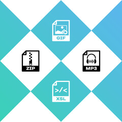 Set ZIP file document, XSL, GIF and MP3 icon. Vector