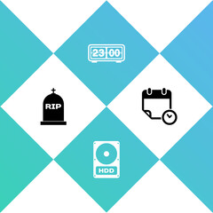 Set Tombstone with RIP written, Hard disk drive HDD, Retro flip clock and Calendar and icon. Vector