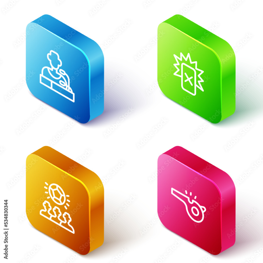 Sticker Set Isometric line Football player press conference, Red card football, Soccer and Whistle icon. Vector