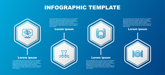 Set line Flippers for swimming, Whale tail, Diving mask with snorkel and Photo camera diver. Business infographic template. Vector