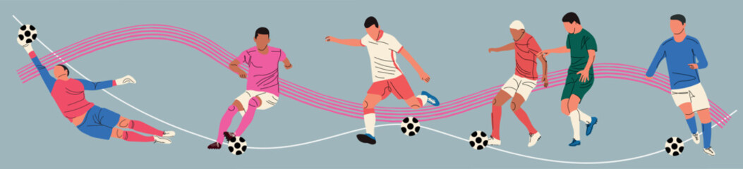 Set of diverse football player men athlete team figures. Colorful football game male players illustration collection. Includes foot ball kick pose, goalkeeper catch on isolated background. Hand drawn