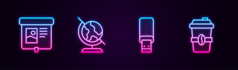 Set line Projection screen, Earth globe, USB flash drive and Coffee cup to go. Glowing neon icon. Vector