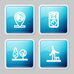 Set line Tractor and location, Smart farming technology, Trees and Wind turbine icon. Vector