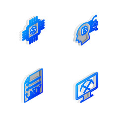 Set Isometric line Bitcoin think, Processor chip with dollar, Smart contract and Mining monitor and pickaxe icon. Vector