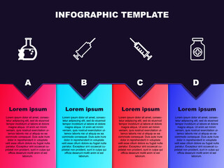 Set line DNA research, search, Syringe, and Medicine bottle. Business infographic template. Vector