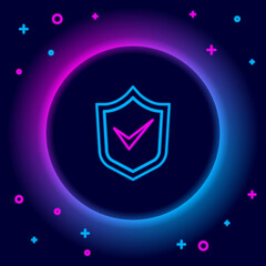 Fototapeta na wymiar Glowing neon line Shield with check mark icon isolated on black background. Security, safety, protection, privacy concept. Tick mark approved. Colorful outline concept. Vector