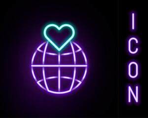 Glowing neon line Human hand holding Earth globe icon isolated on black background. Save earth concept. Colorful outline concept. Vector