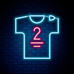 Glowing neon line Football jersey and t-shirt icon isolated on brick wall background. Colorful outline concept. Vector