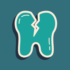 Green Broken tooth icon isolated on green background. Dental problem icon. Dental care symbol. Long shadow style. Vector
