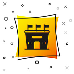 Black Football stadium icon isolated on white background. Football arena. Yellow square button. Vector