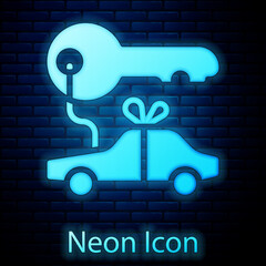 Glowing neon Car gift icon isolated on brick wall background. Car key prize. Vector