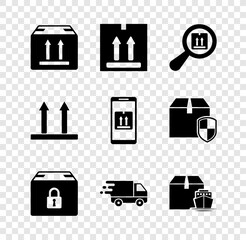 Set Cardboard box with traffic, Search package, Locked, Delivery truck in movement, Cargo ship boxes, This side up and Mobile app tracking icon. Vector