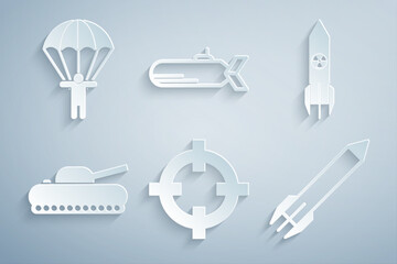 Set Target sport, Nuclear rocket, Military tank, Rocket, Submarine and Parachute icon. Vector