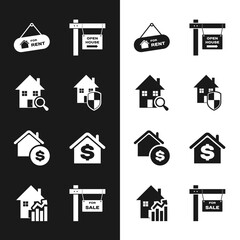 Set House under protection, Search house, Hanging sign with For Rent, Open, dollar, Sale and Rising cost of housing icon. Vector