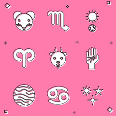 Set Rat zodiac, Scorpio, Solstice, Aries, Palmistry of the hand, Planet Venus and Cancer icon. Vector