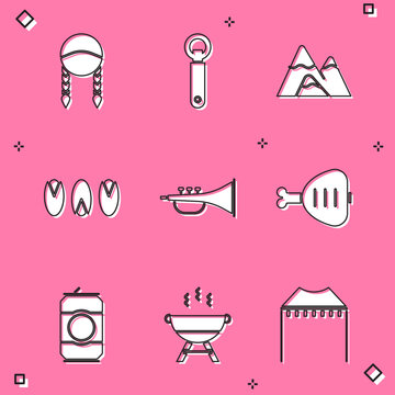 Set Braid, Bottle opener, Mountains, Pistachio nuts, Musical instrument trumpet, Chicken leg, Beer can and Barbecue grill icon. Vector