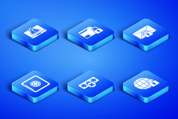 Set Global lockdown, Laptop with exclamation mark, Password protection, Safe, Folder and and Mail message password icon. Vector