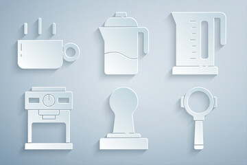 Set Coffee tamper, Electric kettle, machine, filter holder, French press and cup icon. Vector