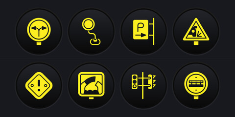 Set Exclamation mark in triangle, Warning road sign, Drawbridge ahead, Traffic light, Parking, Road traffic, Railroad crossing and Fork the icon. Vector