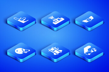 Set Passenger ladder, Airplane seat, Parachute, Modern pilot helmet, Airport control tower and Aviation emblem icon. Vector