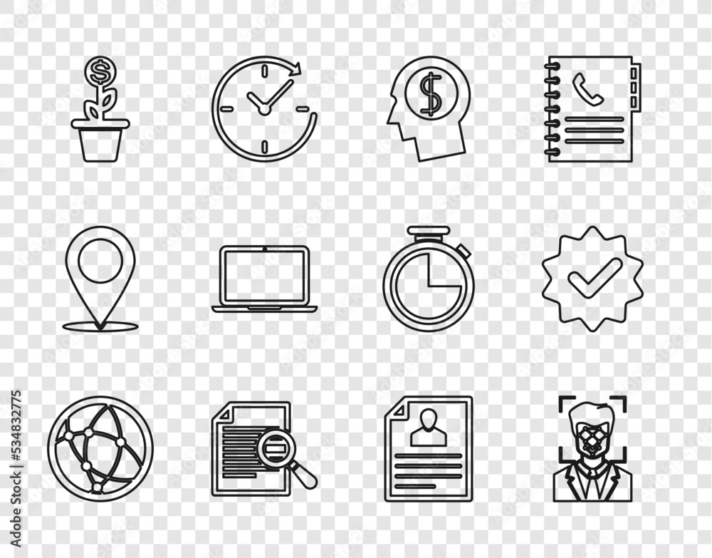 Canvas Prints Set line Social network, Face recognition, Business man planning mind, Document with search, Dollar plant the pot, Laptop, Resume and Approved and check mark icon. Vector