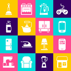 Set House, Mobile Apps, phone, Electric kettle, Kettle with handle, Antibacterial soap, Rubber plunger and Wardrobe icon. Vector