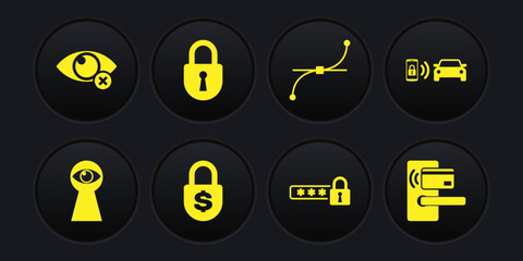 Set Keyhole with eye, Smart car alarm system, Money lock, Password protection, Bezier curve and Lock icon. Vector
