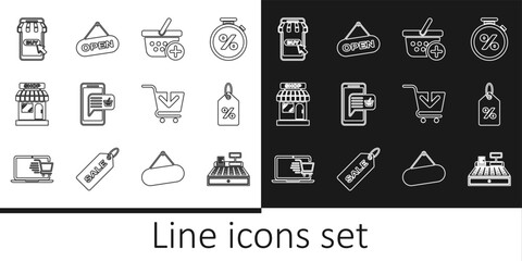 Set line Cash register machine, Discount percent tag, Add to Shopping basket, Mobile and shopping, Market store, cart, and Hanging sign with Open door icon. Vector