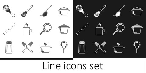 Set line Frying pan, Cooking pot, Kitchen colander, Coffee cup, Knife, whisk, and icon. Vector