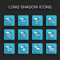 Set line MP4 file document, MAX, MOV, PPT, BMP, AVI, PSD and XSL icon. Vector