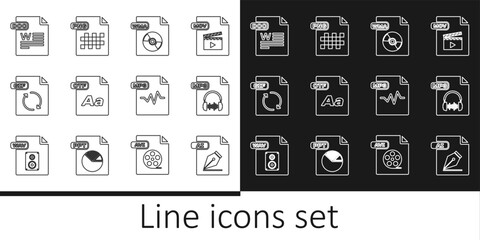 Set line AI file document, MP3, WMA, OTF, GIF, DOC, and PNG icon. Vector