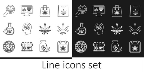 Set line Calendar and marijuana, Marijuana or cannabis leaf, Shopping bag of, Head profile with, Test tube, Magnifying glass, and Online buying icon. Vector